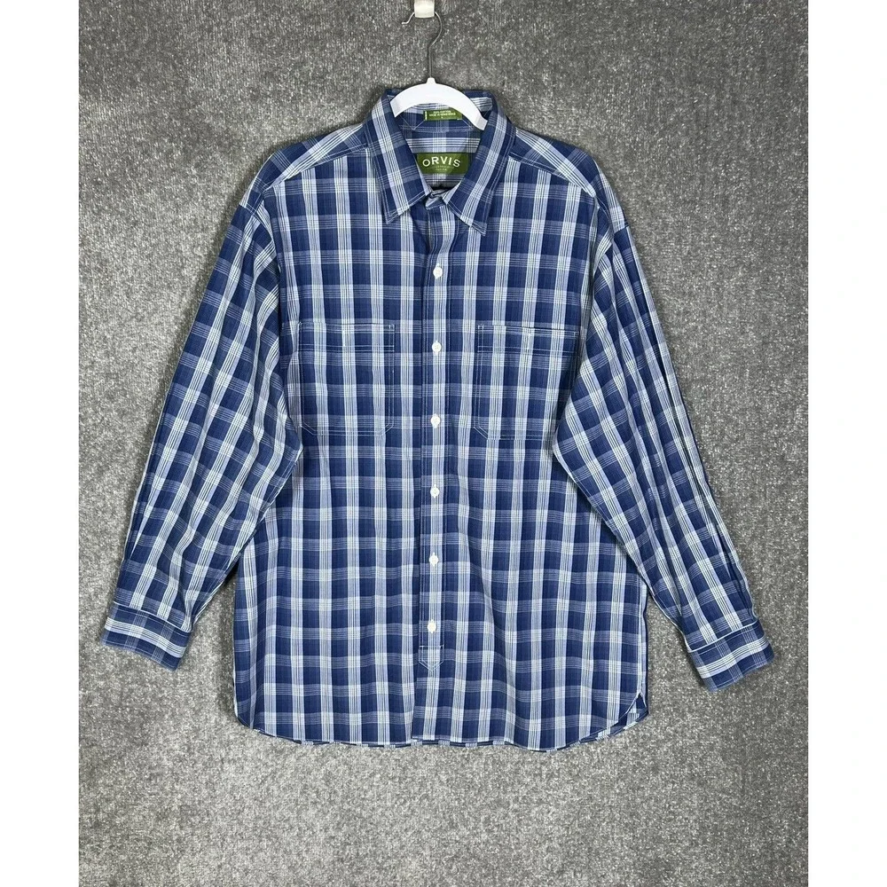ORVIS Button Up Shirt Mens Size Large Blue Plaid Long Sleeve VINTAGE Pockets